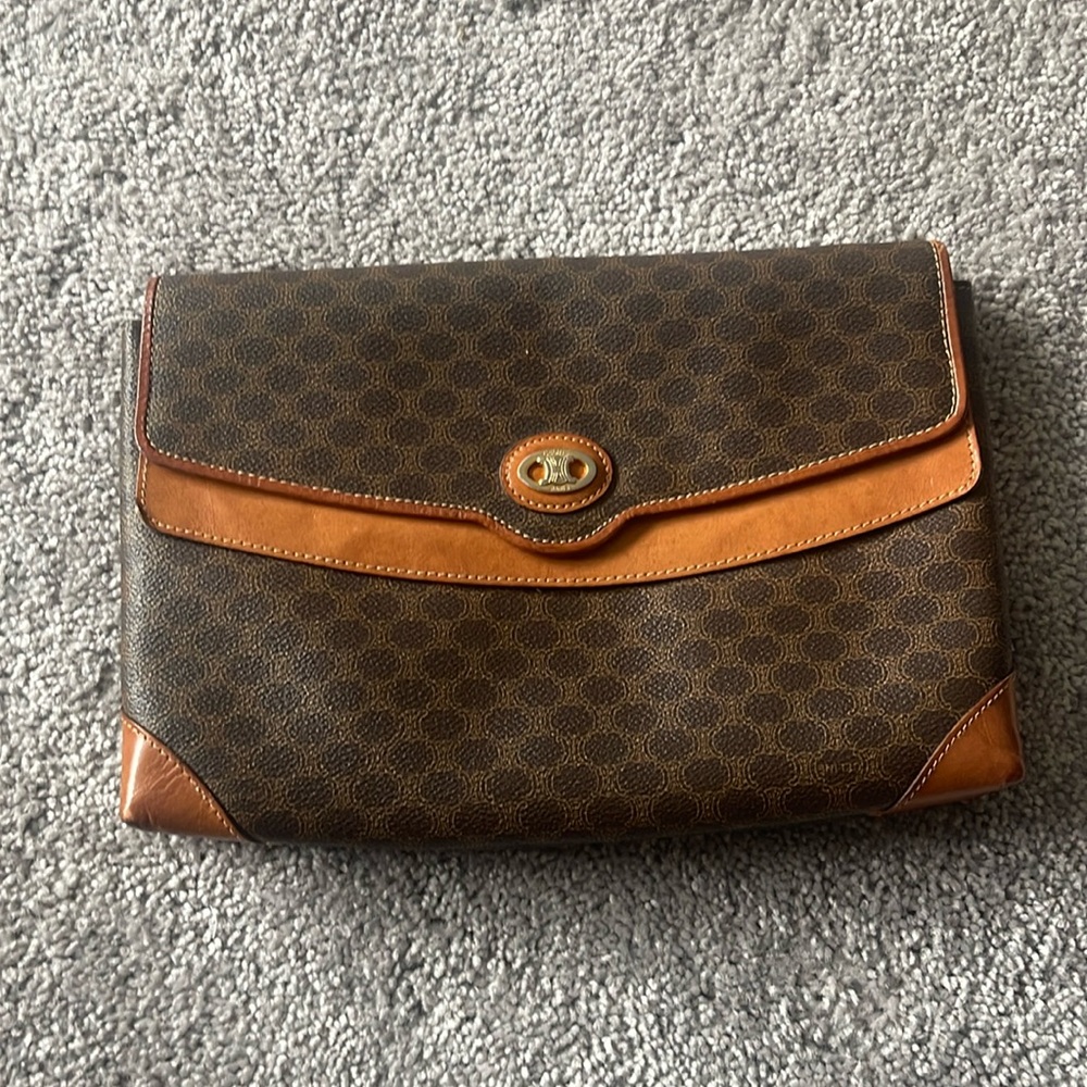 Vintage Celine brown Macadam print double clutch